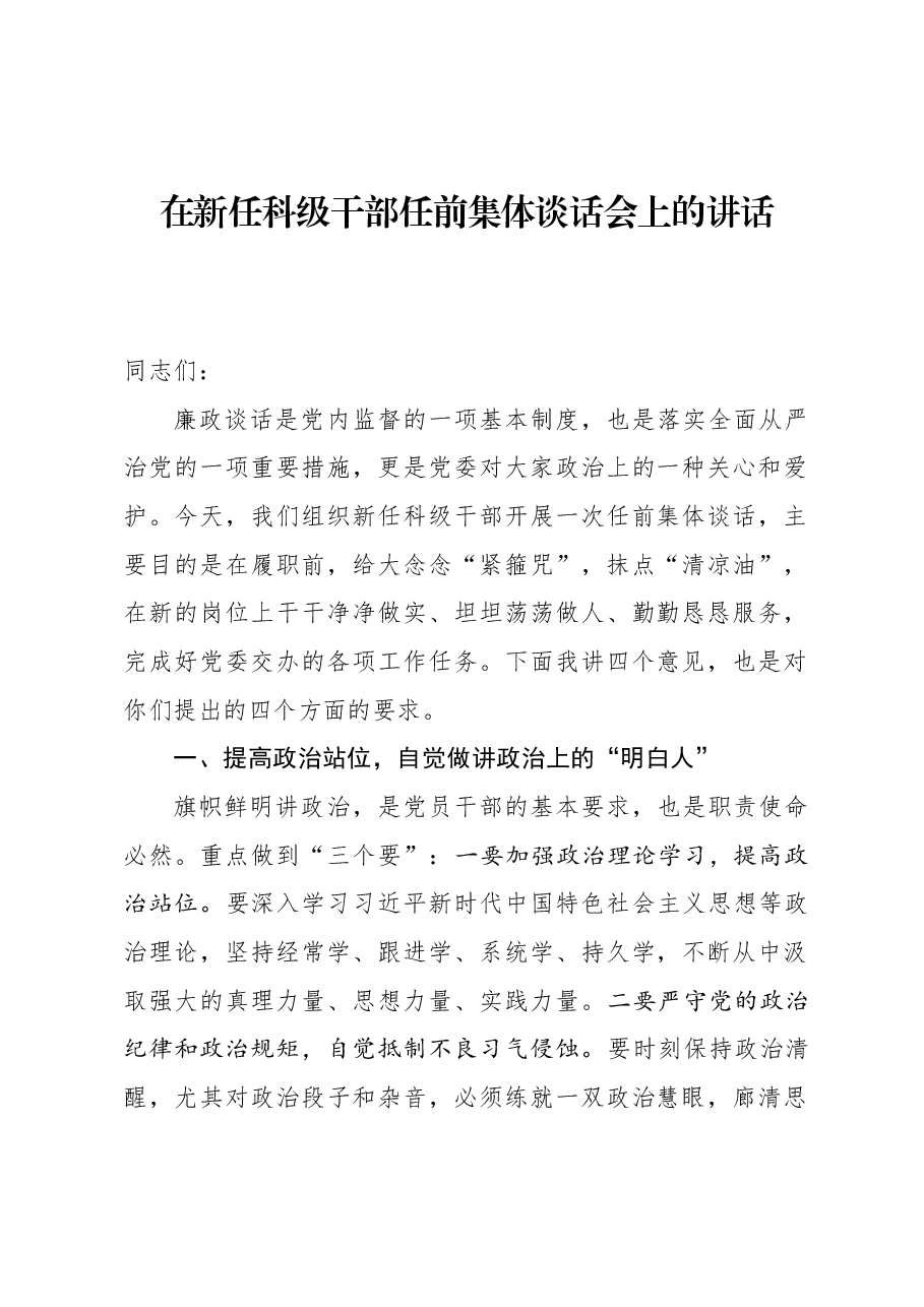 在新任科级干部任前集体谈话会上的讲话.docx,第1页预览