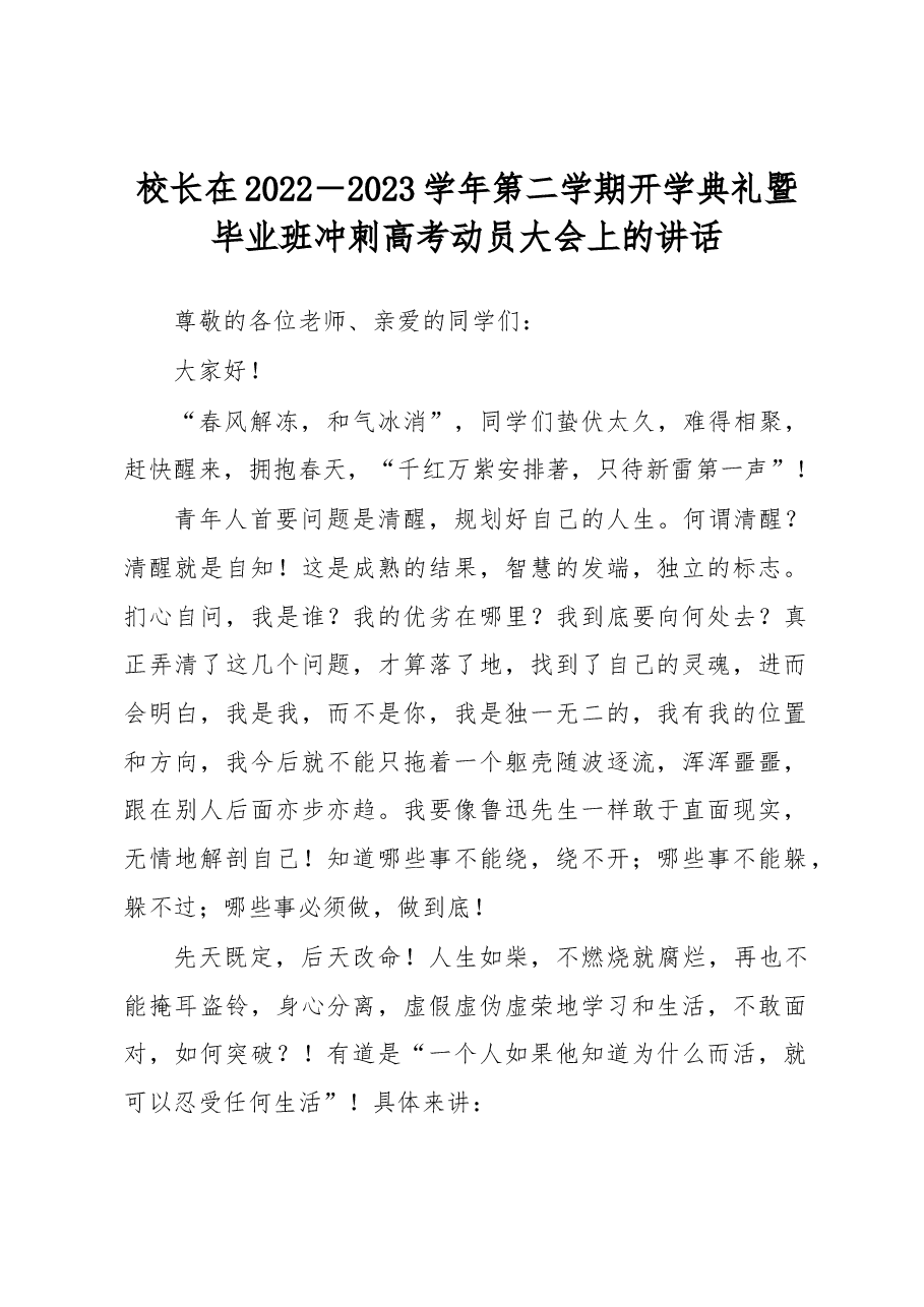 校长在2022-2023学年第二学期开学典礼暨毕业班冲刺高考动员大会上的讲话.docx,第1页预览