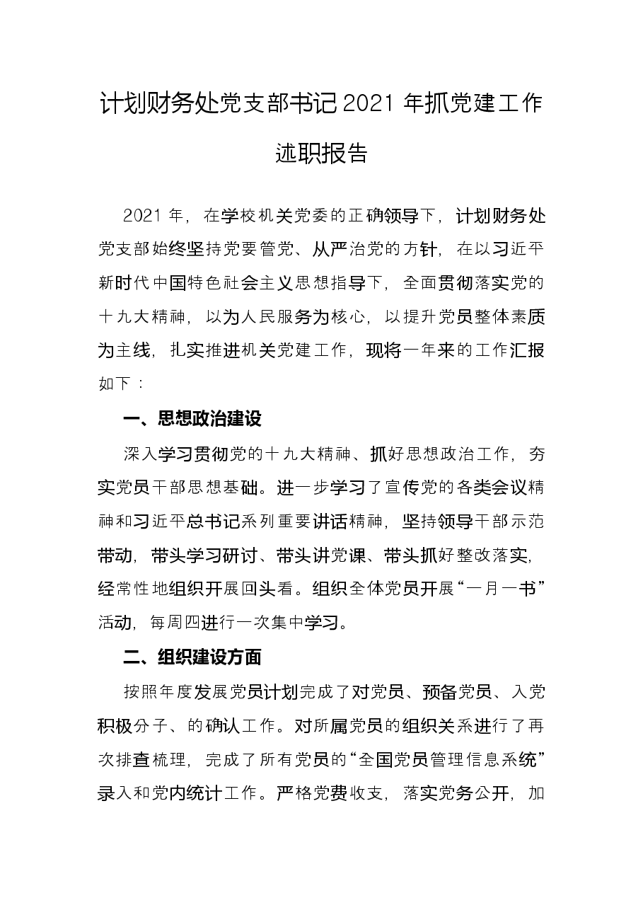 计划财务处党支部书记2021年抓党建工作述职报告.docx，第1页预览