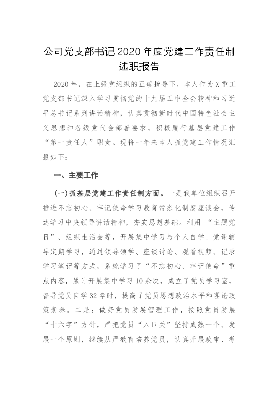 公司党支部书记2020年度党建工作责任制述职报告.docx，第1页预览