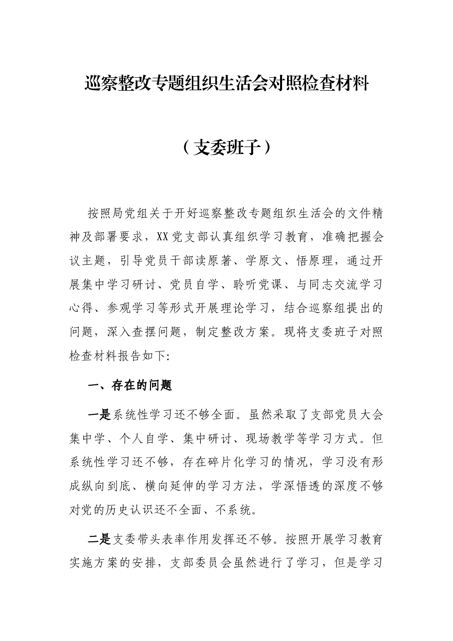 巡察整改专题组织生活会对照检查材料（支委班子）.docx，第1页预览