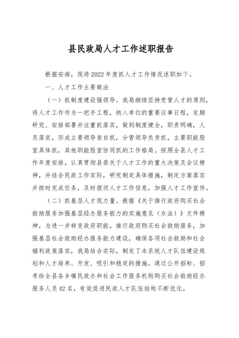 县民政局人才工作述职报告.docx,第1页预览