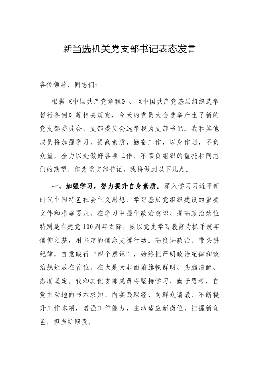 新当选机关党支部书记表态发言.docx,第1页预览