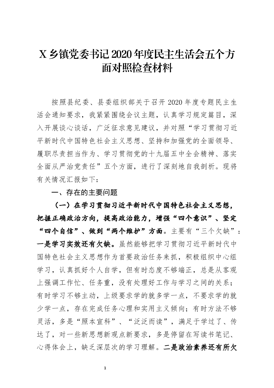 乡镇党委书记2020年度民主生活会五个方面对照检查材料.docx,第1页预览