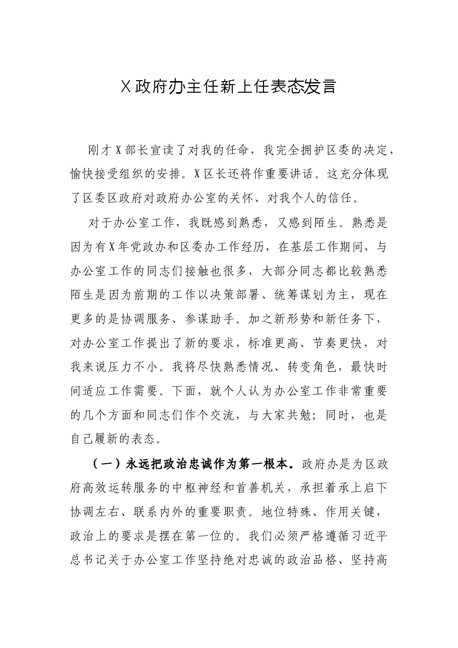 X政府办主任新上任表态发言.docx,第1页预览