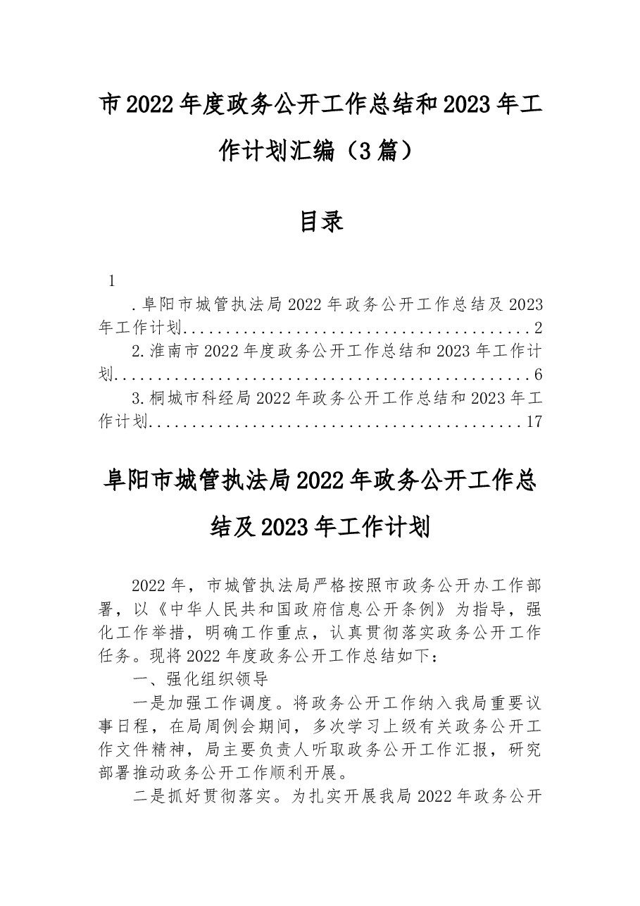 (3篇)市2022年度政务公开工作总结和2023年工作计划汇编.docx,第1页预览