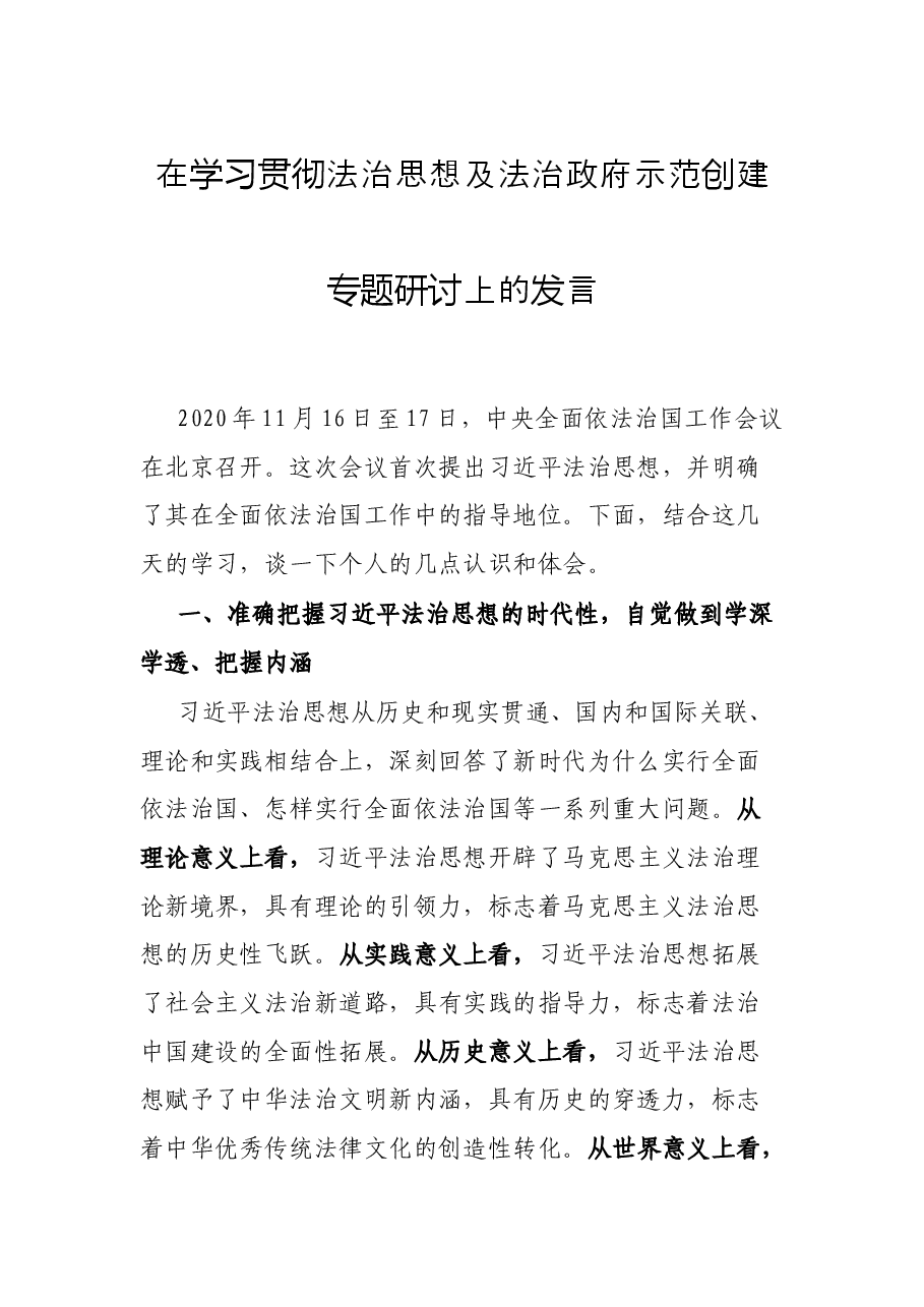 在学习贯彻法治思想及法治政府示范创建专题研讨上的发言.docx，第1页预览