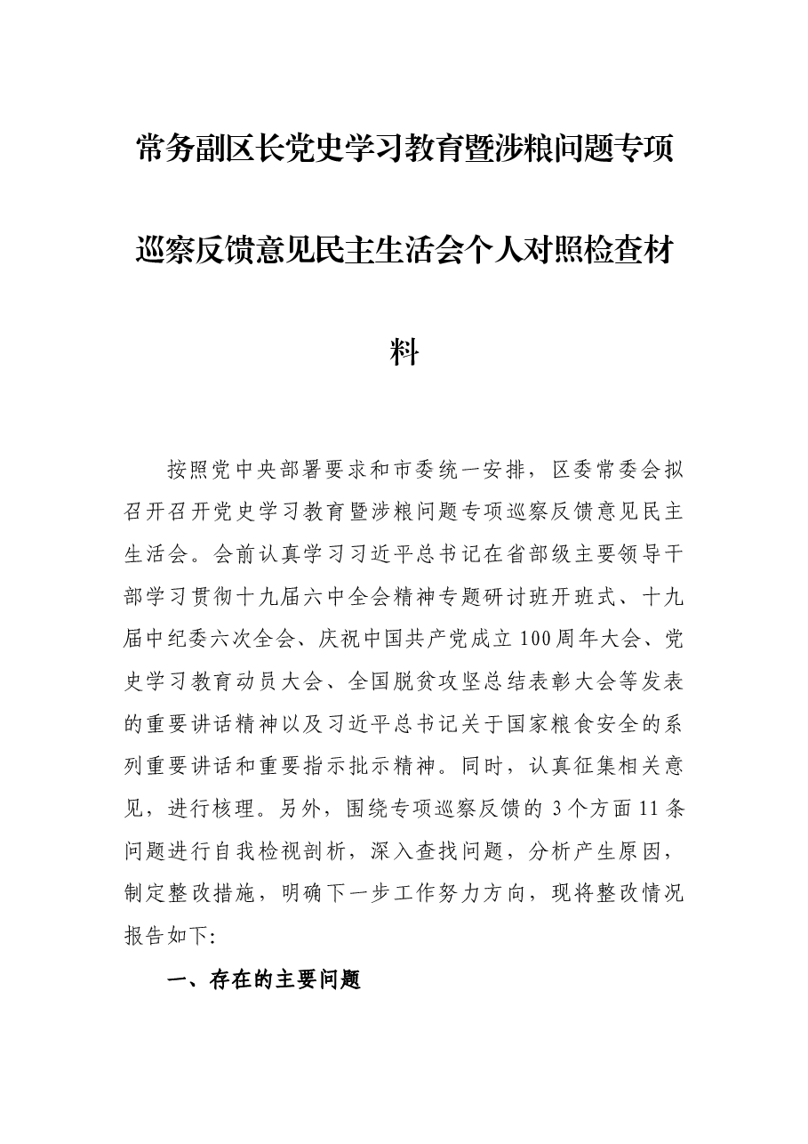 常务副区长党史学习教育暨涉粮问题专项巡察反馈意见民主生活会个人对照检查材料.docx,第1页预览
