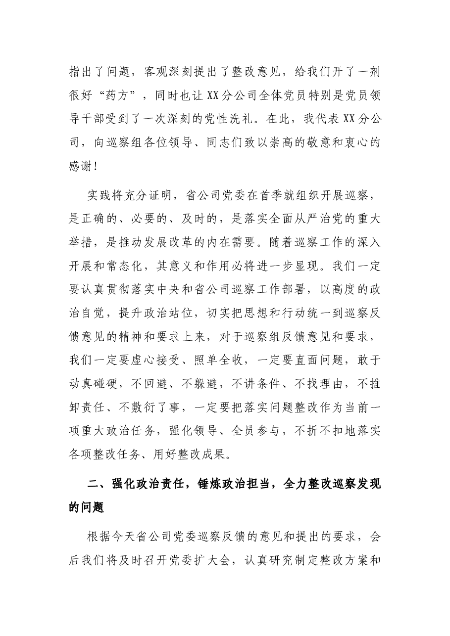 公司党委书记在巡察反馈会上的表态发言.docx,第2页预览