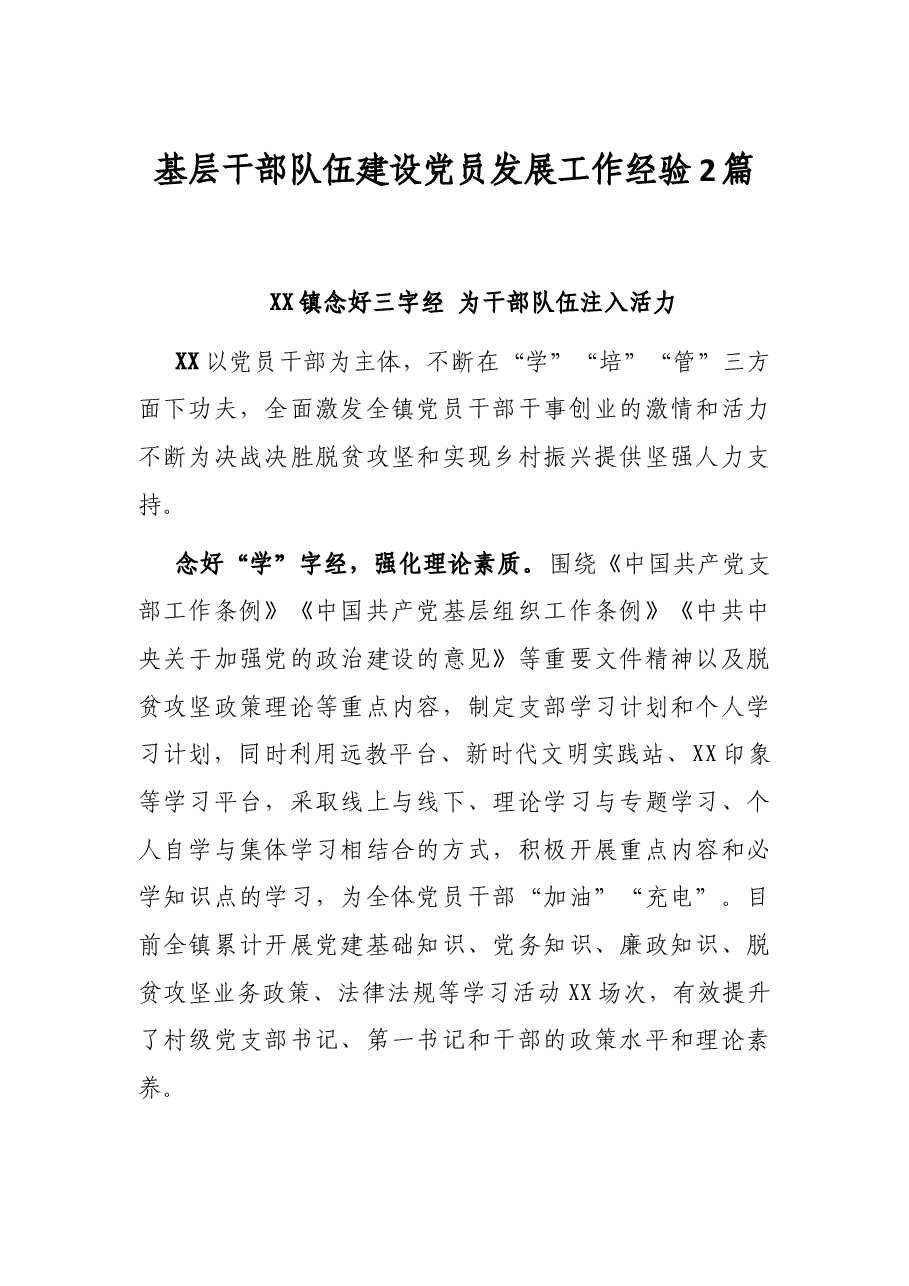 (2篇)基层干部队伍建设党员发展工作经验.docx,第1页预览