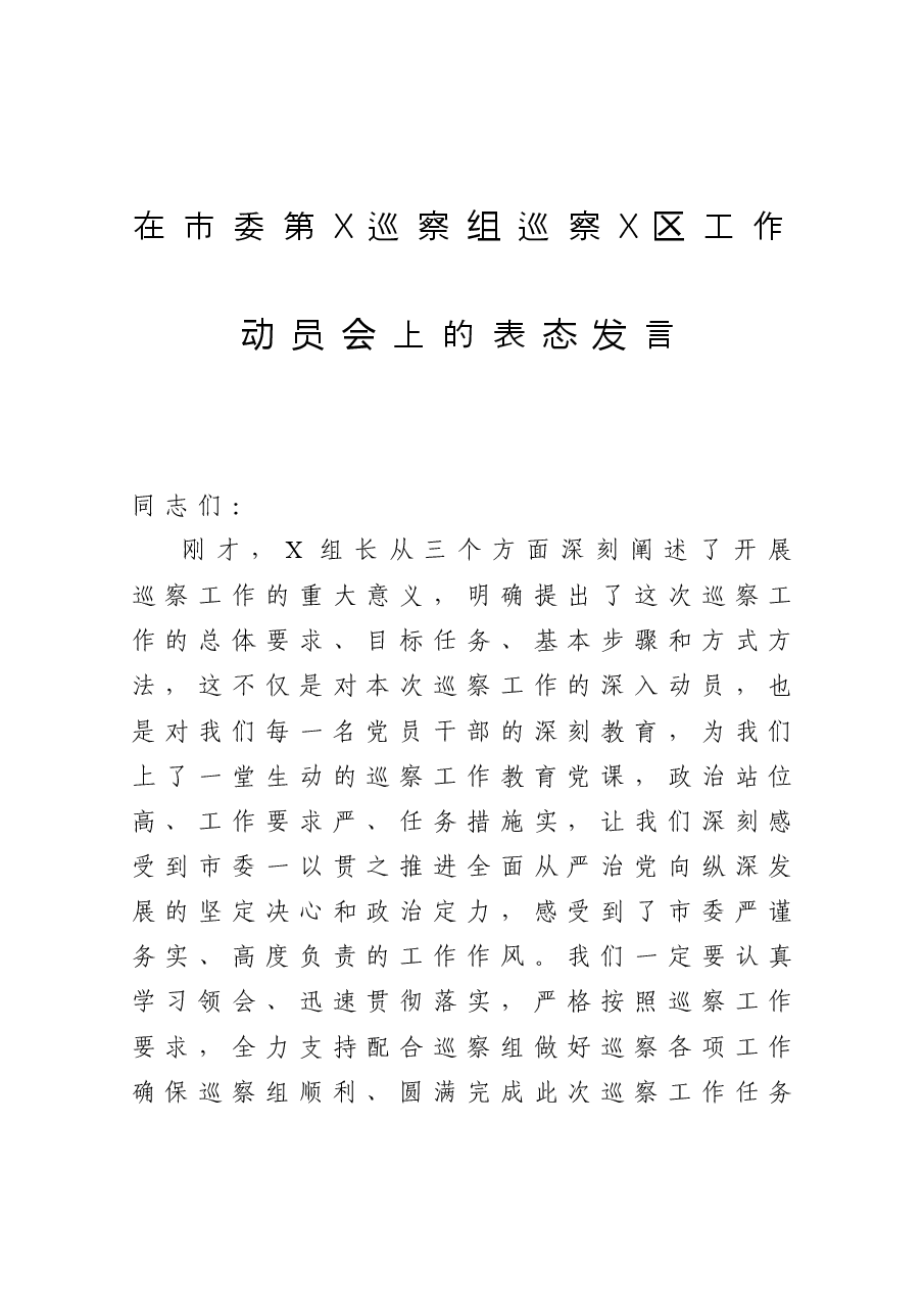 在市委第X巡察组巡察X区工作动员会上的表态发言.docx,第1页预览