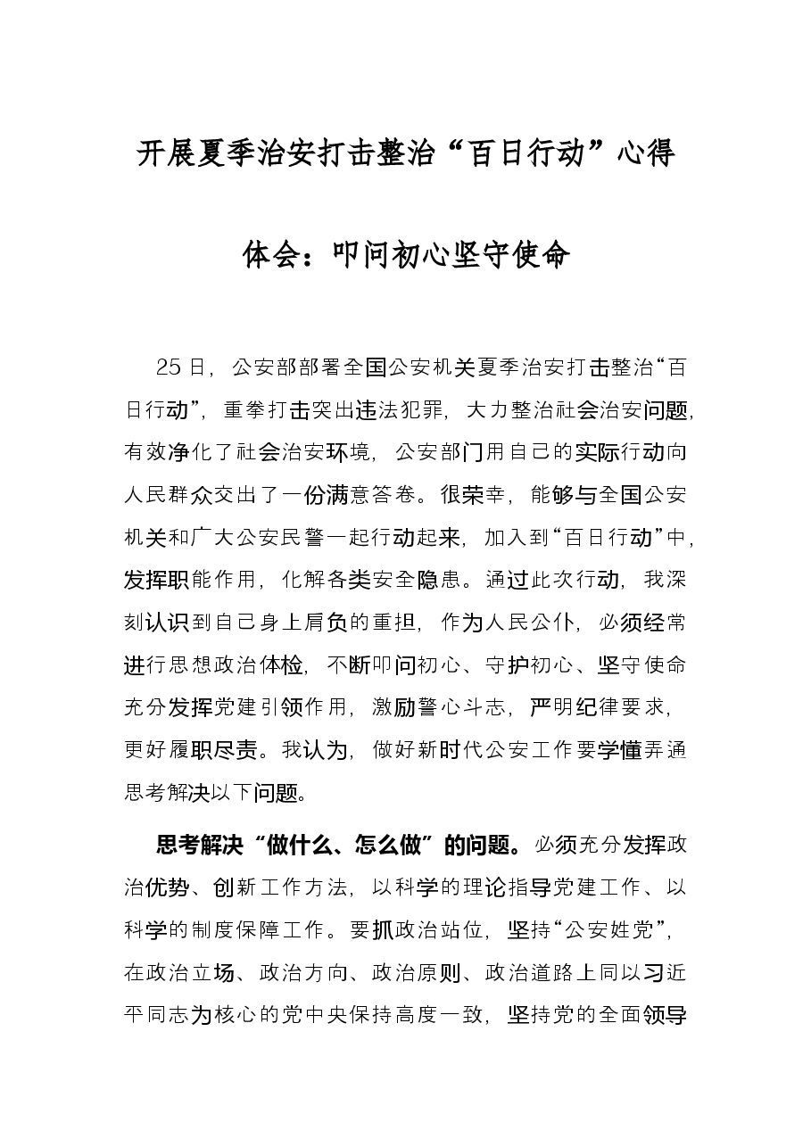 开展夏季治安打击整治“百日行动”心得体会:叩问初心 坚守使命.docx,第1页预览