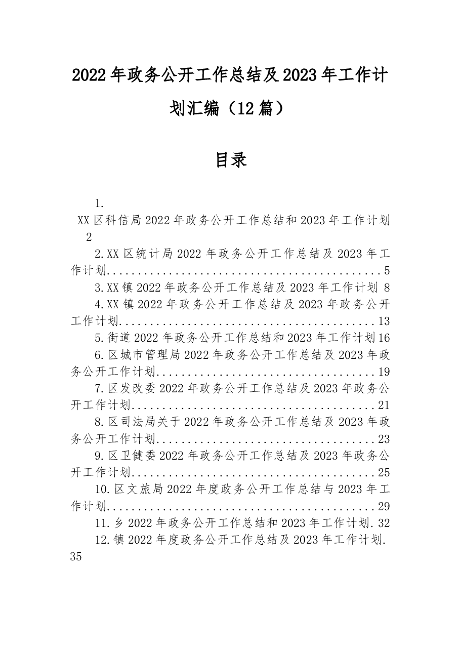(12篇)2022年政务公开工作总结及2023年工作计划汇编.docx,第1页预览
