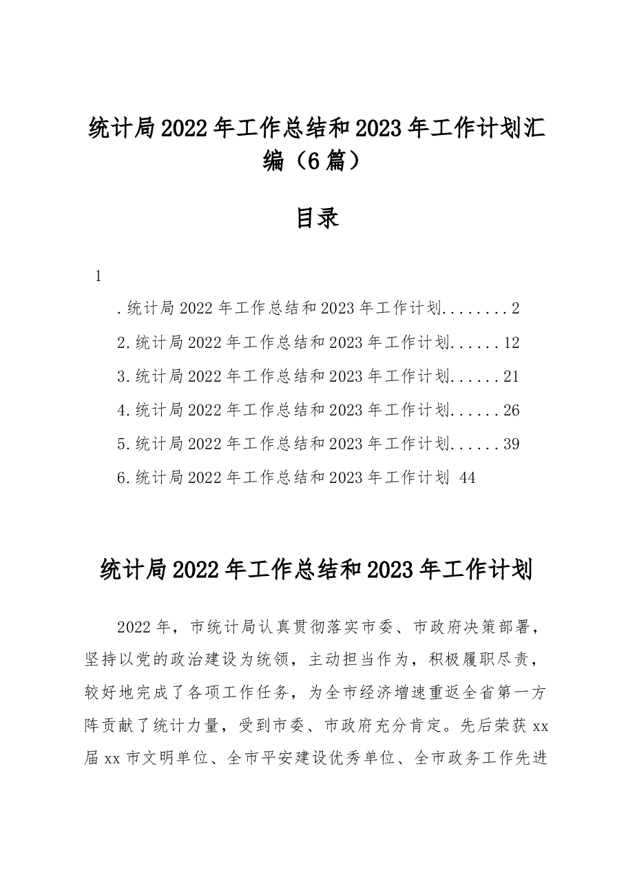 (6篇)统计局2022年工作总结和2023年工作计划汇编.docx,第1页预览
