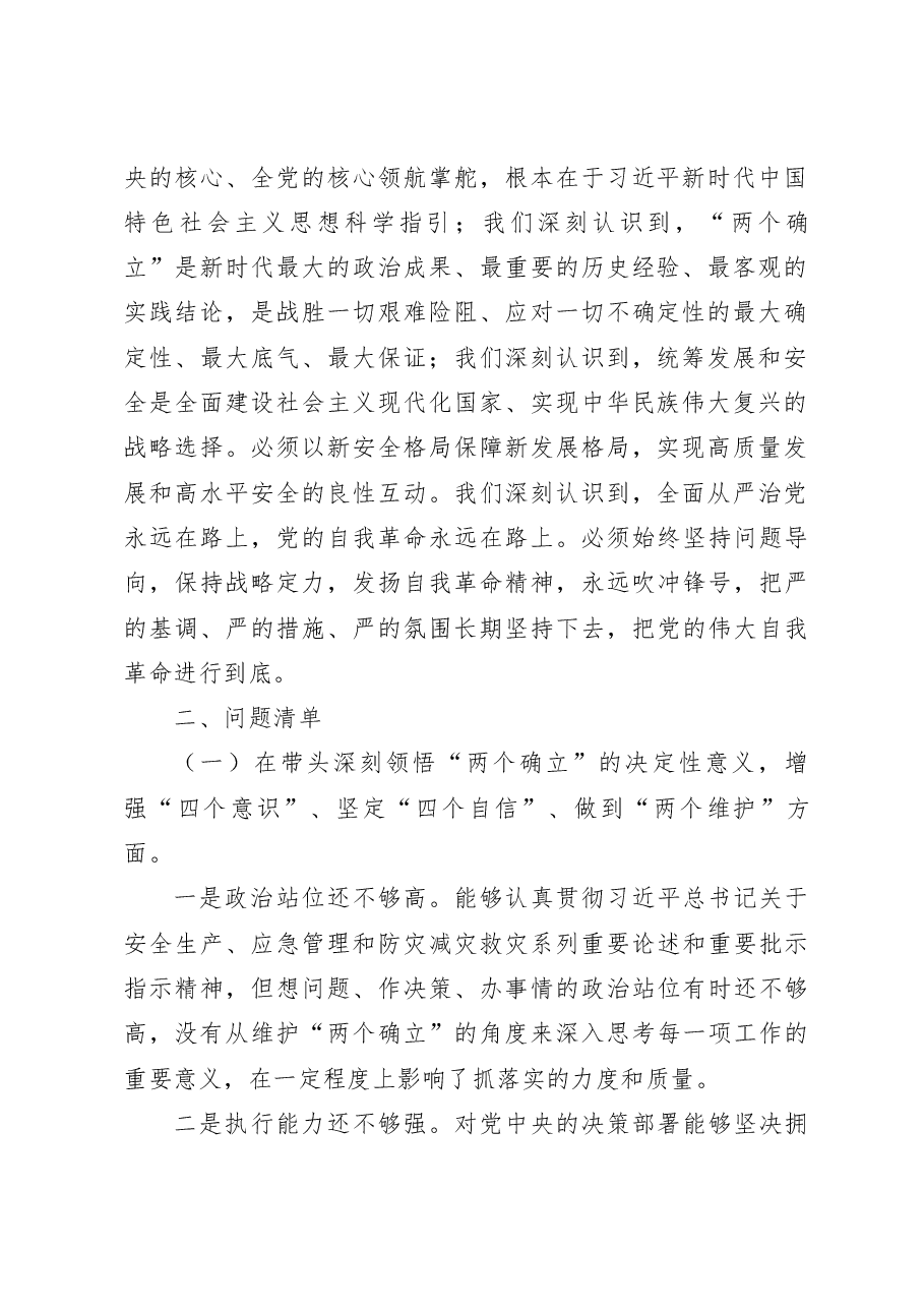 市应急局领导班子2022年度民主生活会对照检查材料.docx,第2页预览