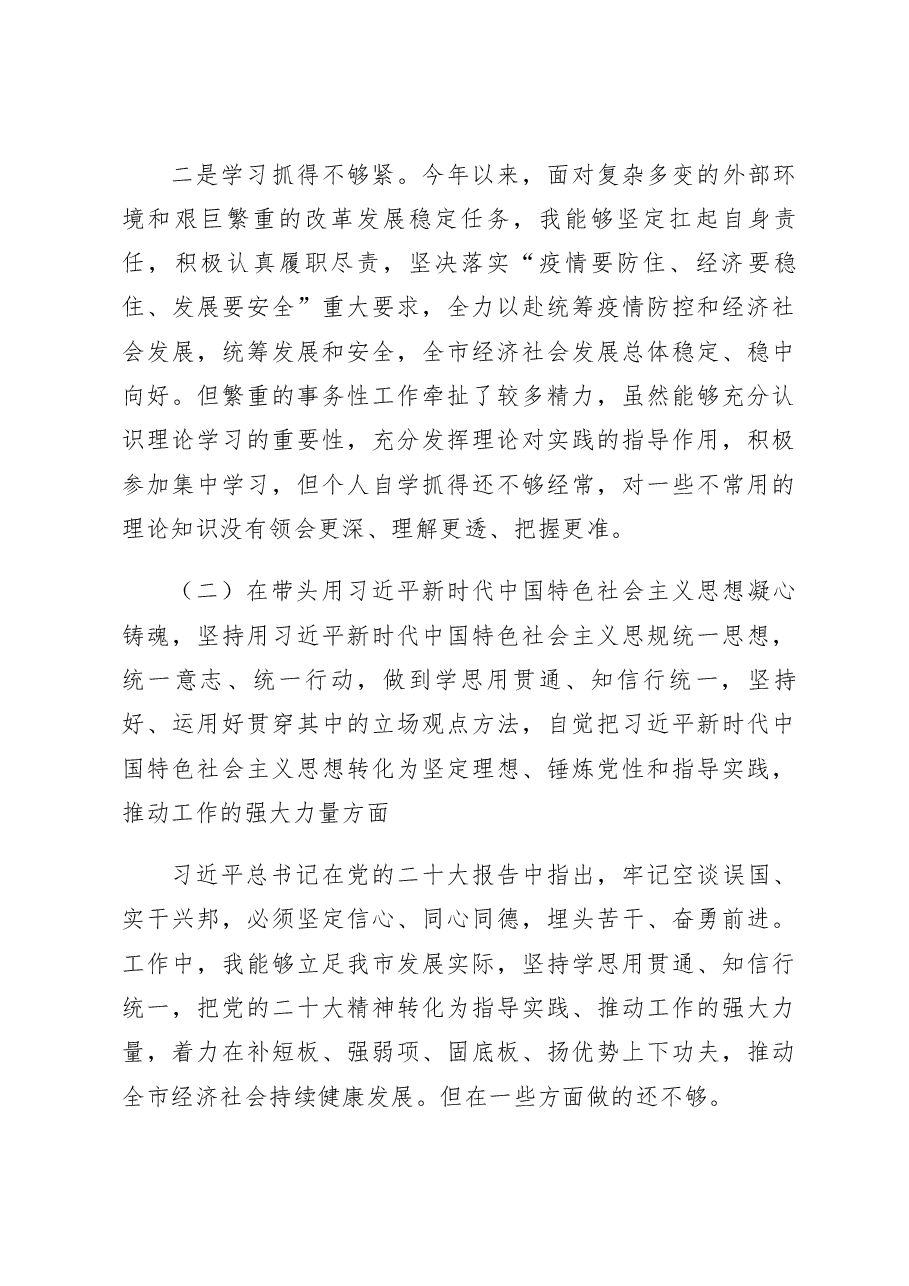 市领导2023年六个带头专题民主生活会个人对照检查材料.docx,第3页预览