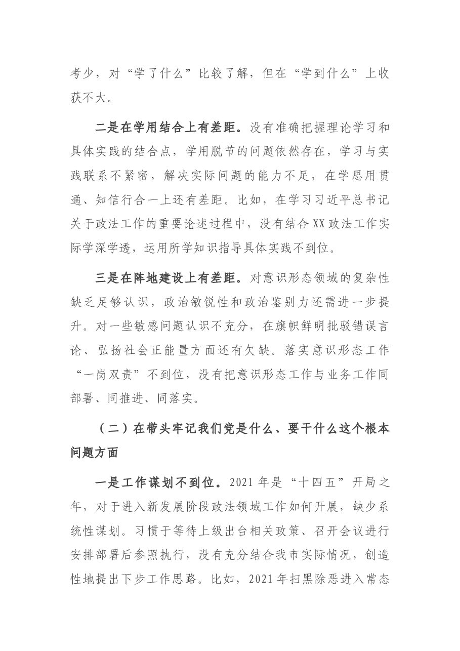 政法委书记2021年度党史学习教育五个带头专题民主生活会个人对照检查材料.docx,第2页预览