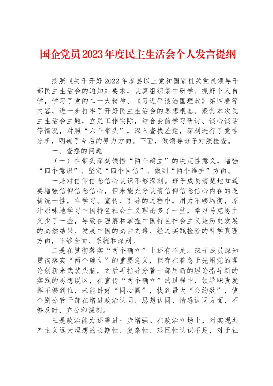 国企党员2023年度民主生活会个人发言提纲.docx,第1页预览