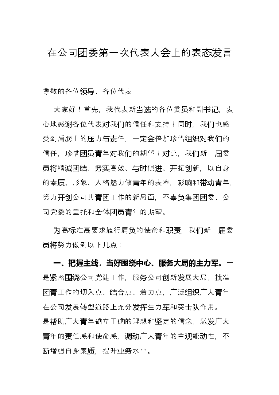在公司团委第一次代表大会上的表态发言.docx,第1页预览