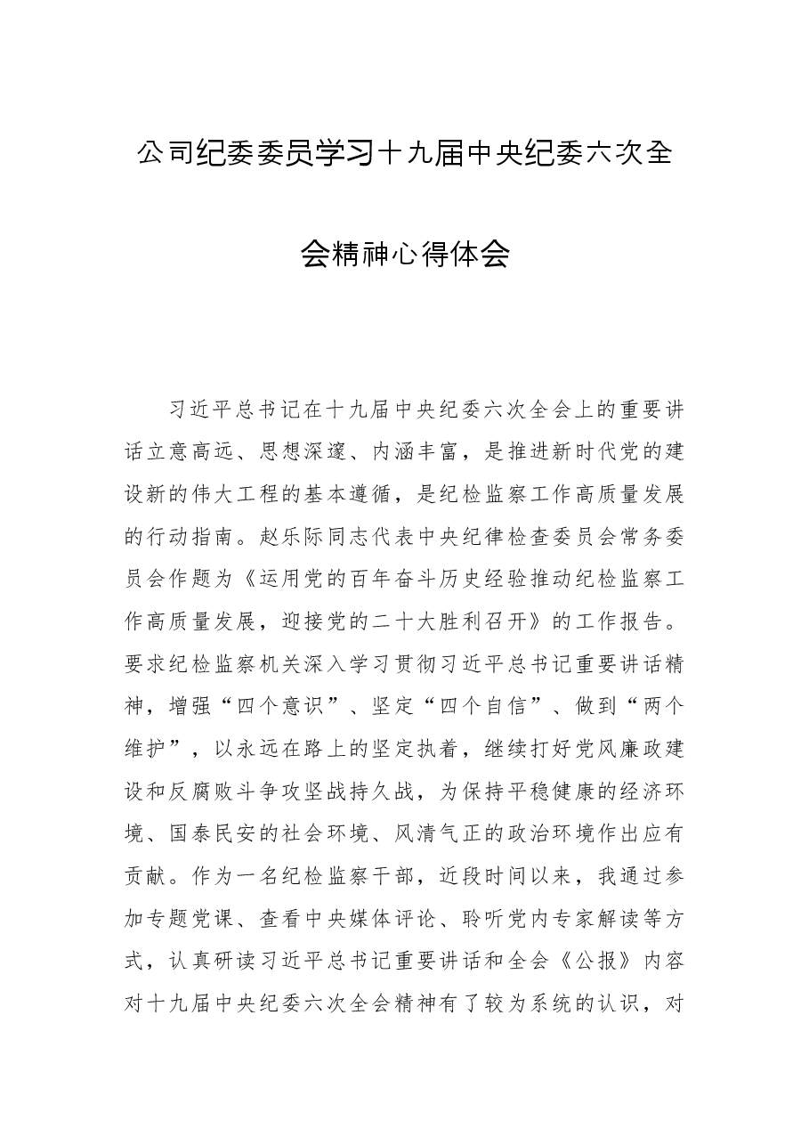 公司纪委委员学习十九届中央纪委六次全会精神心得体会.docx，第1页预览