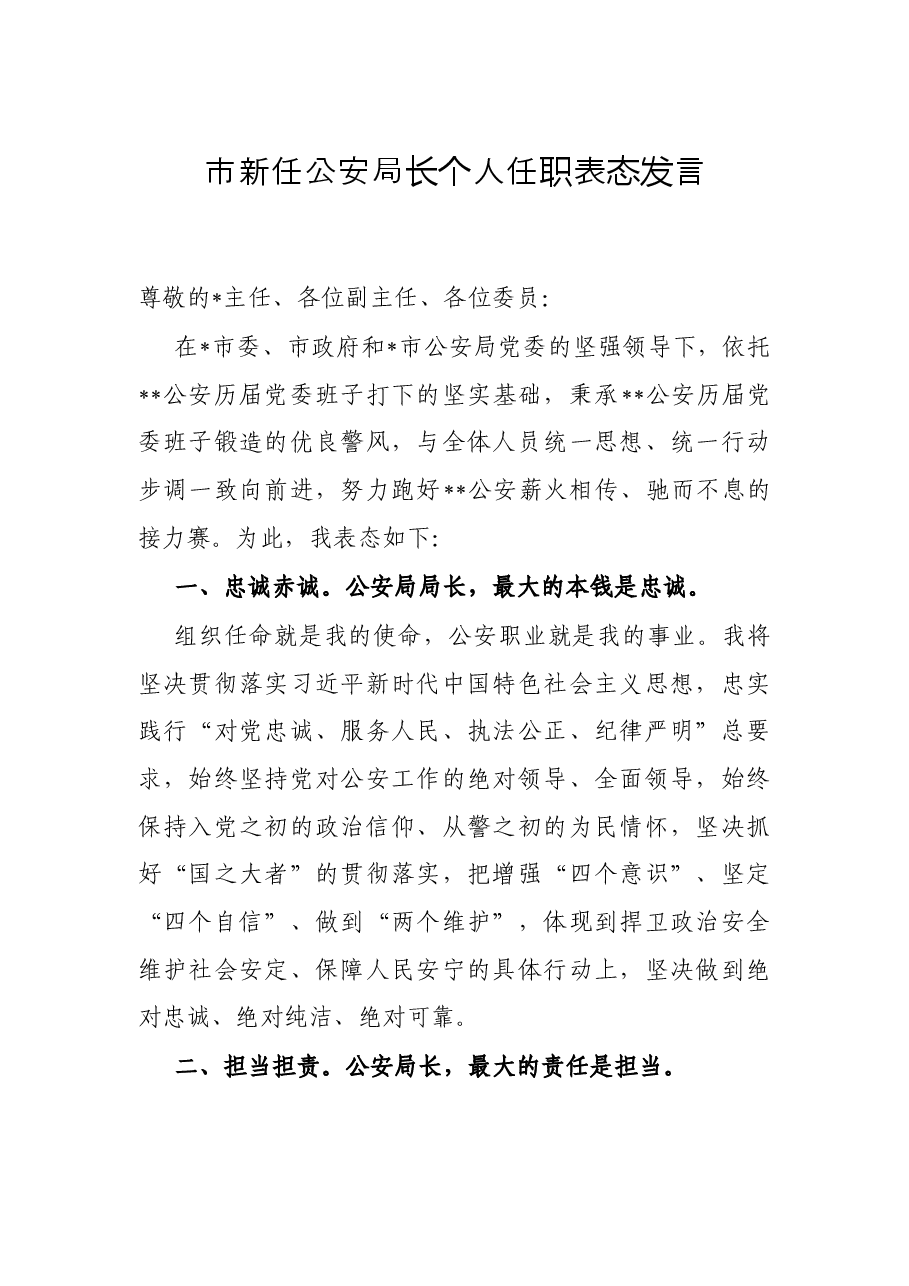 市新任公安局长个人任职表态发言.docx,第1页预览