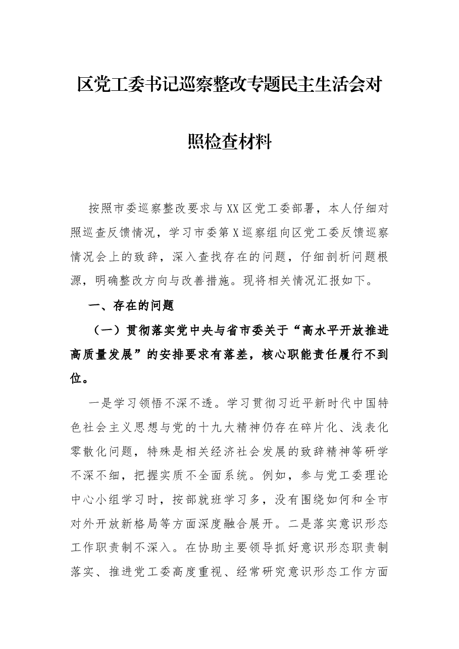 区党工委书记巡察整改专题民主生活会对照检查材料.docx,第1页预览