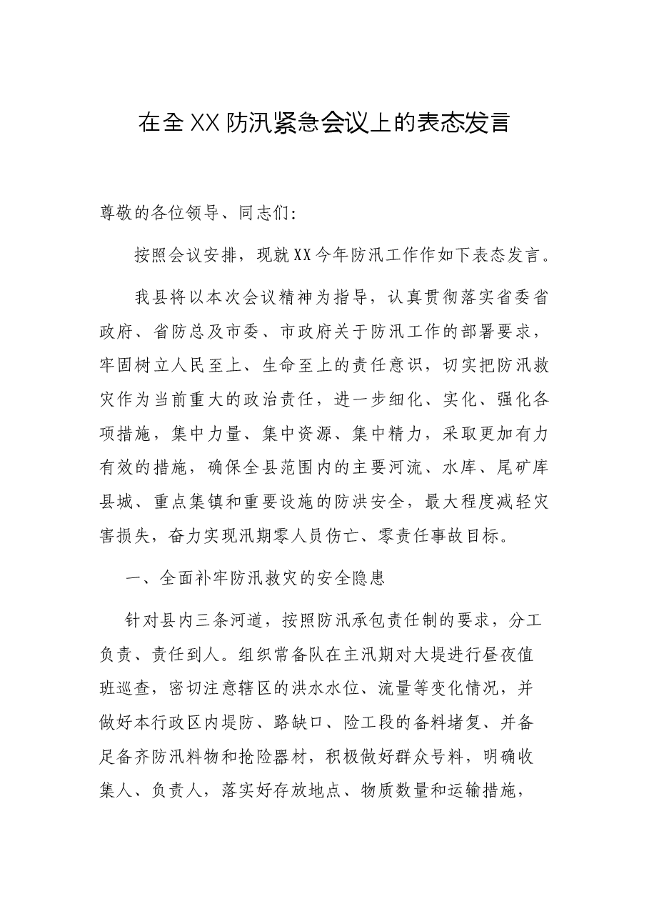 在全XX防汛紧急会议上的表态发言.docx,第1页预览