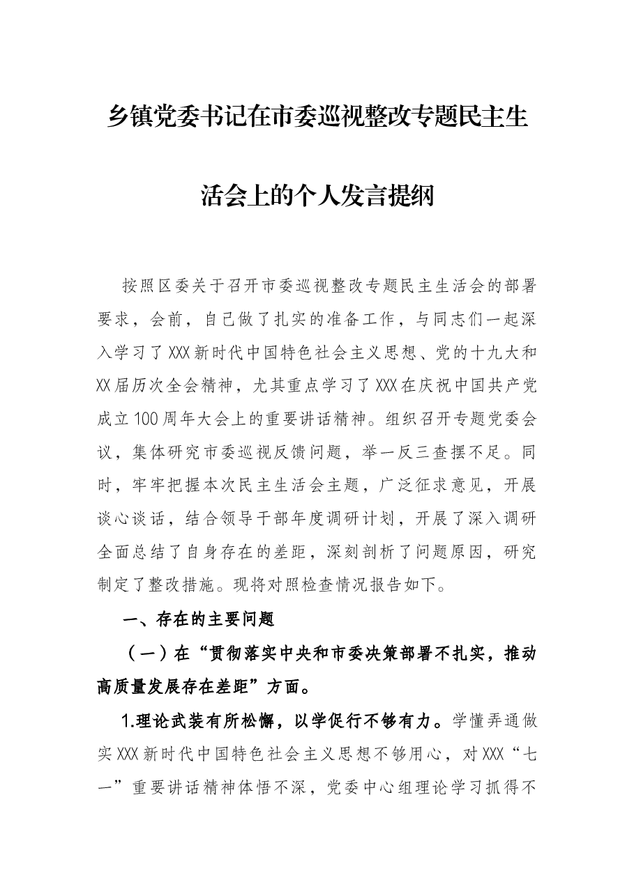 乡镇党委书记在市委巡视整改专题民主生活会上的个人发言提纲.docx,第1页预览