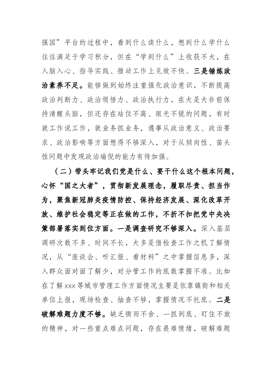 区城管局领导党史学习教育五个带头专题民主生活会对照检查材料.docx,第3页预览