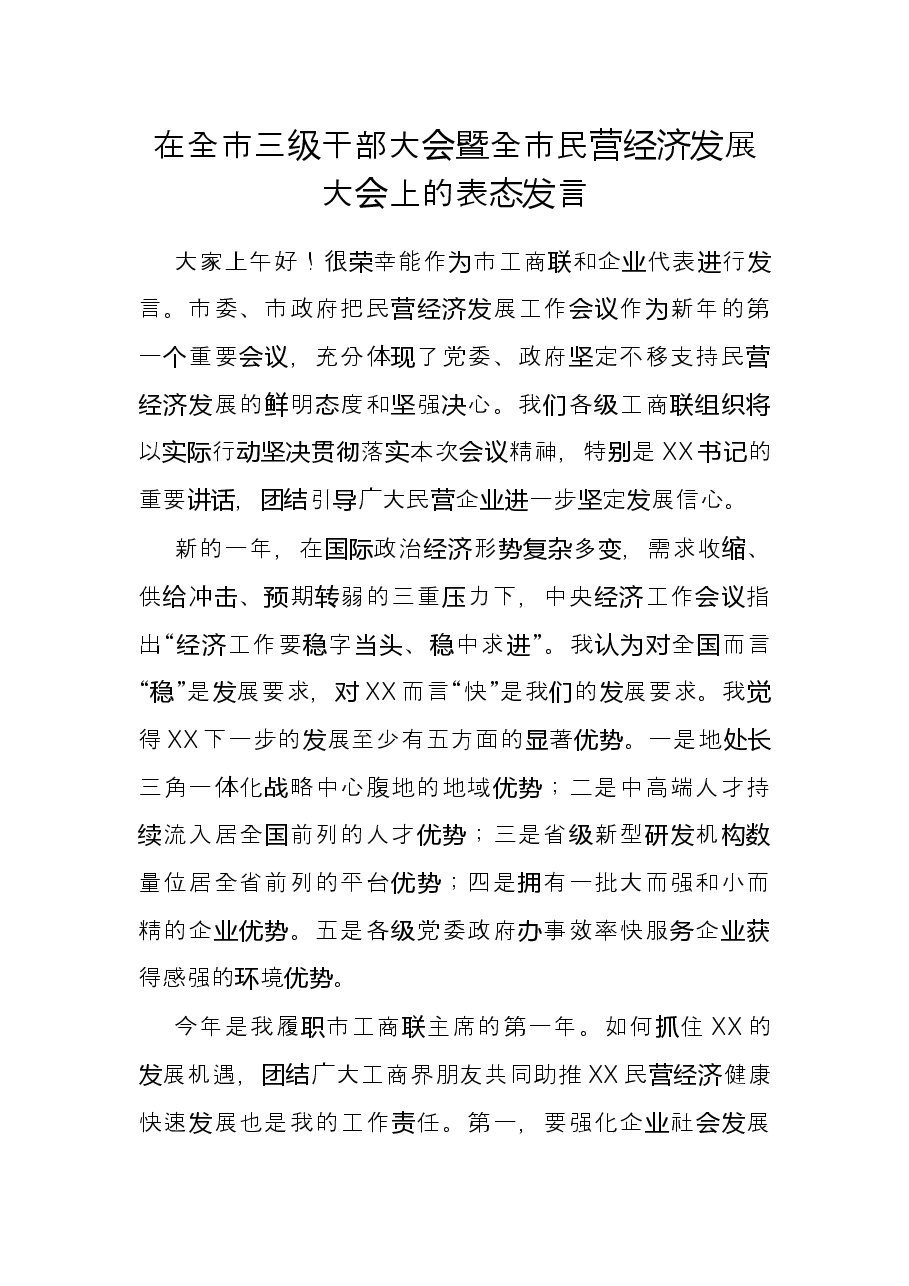在全市三级干部大会暨全市民营经济发展大会上的表态发言.docx,第1页预览