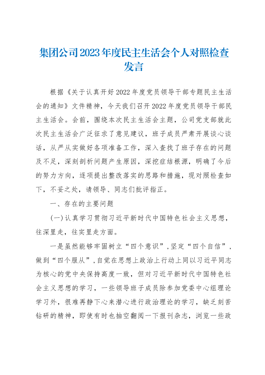 集团公司2023年度民主生活会个人对照检查发言.docx，第1页预览