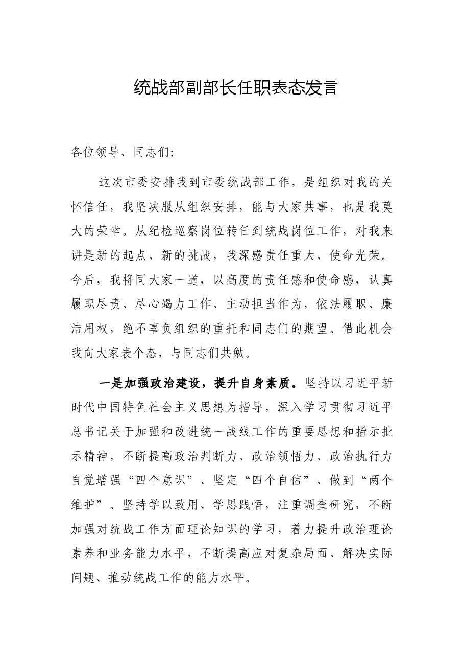 统战部副部长任职表态发言.docx，第1页预览