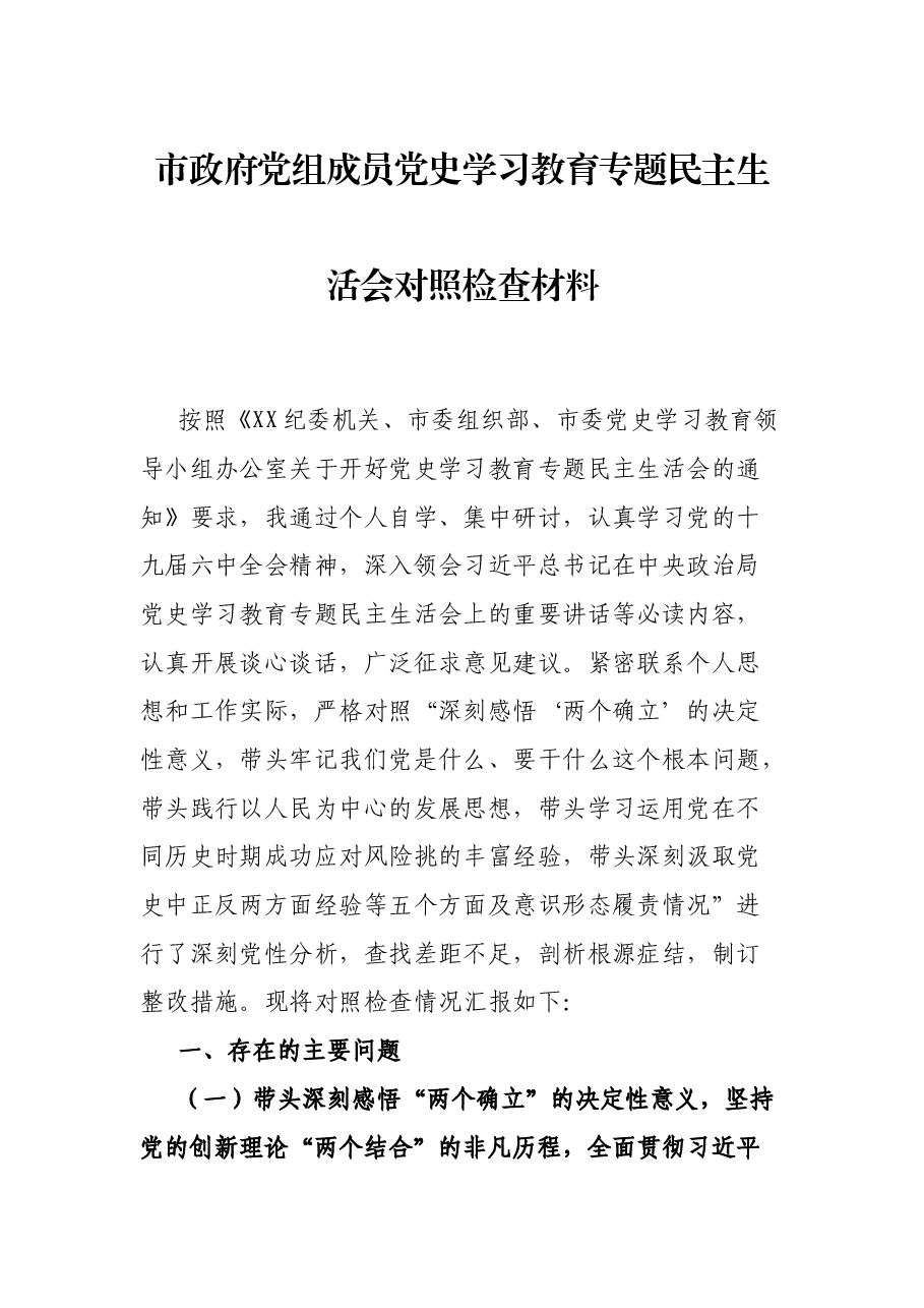 市政府党组成员党史学习教育专题民主生活会对照检查材料.docx,第1页预览