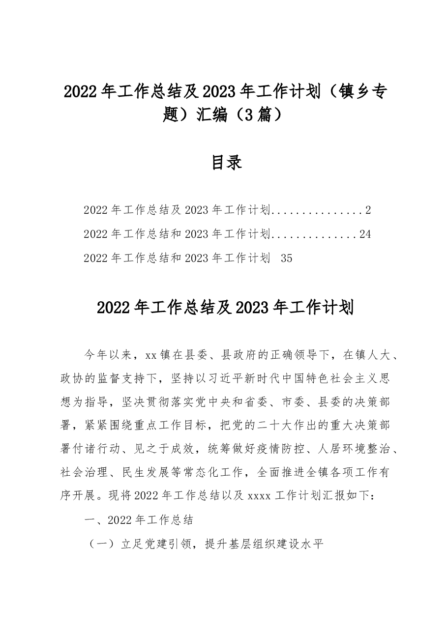 (3篇)2022年工作总结及2023年工作计划(镇乡专题)汇编.docx,第1页预览