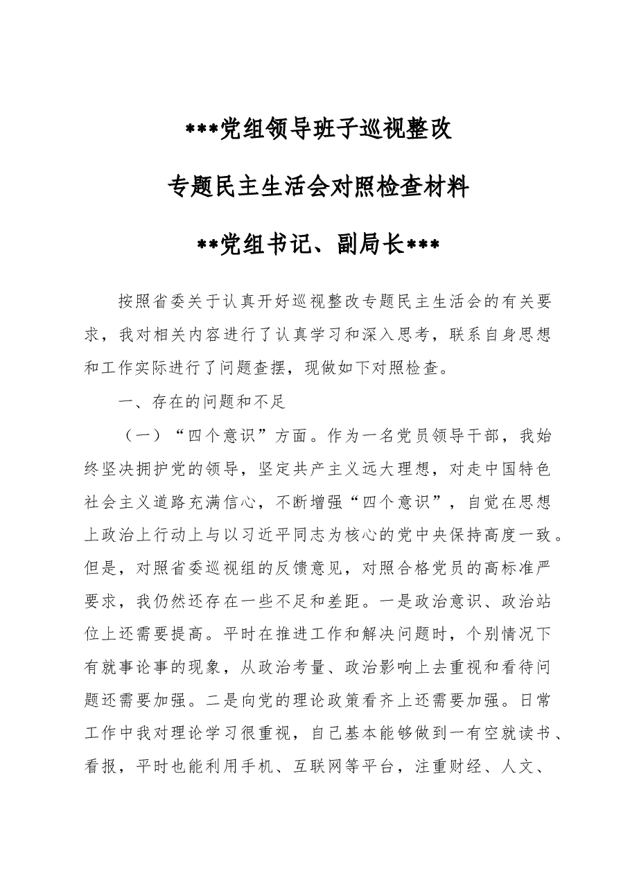 党组领导班子巡视整改专题民主生活会对照检查材料2.docx,第1页预览