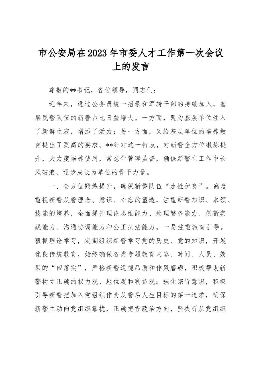 市公安局在2023年市委人才工作第一次会议上的发言.docx,第1页预览