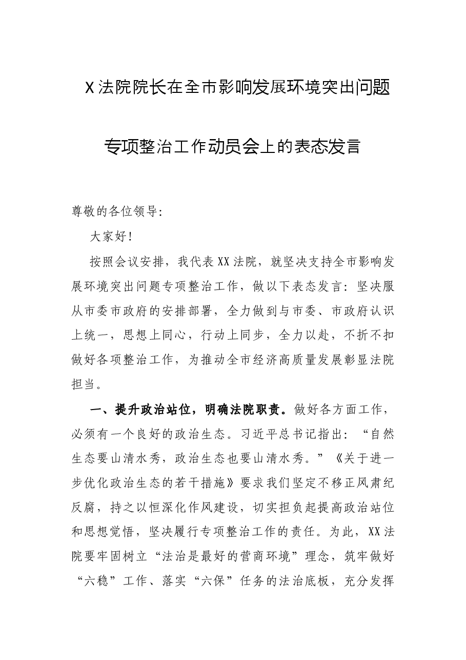 X法院院长在全市影响发展环境突出问题专项整治工作动员会上的表态发言.docx,第1页预览