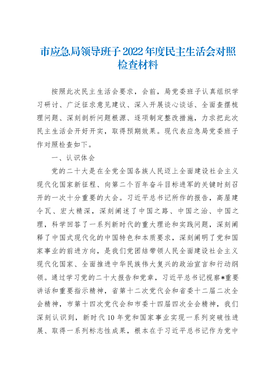 市应急局领导班子2022年度民主生活会对照检查材料.docx,第1页预览