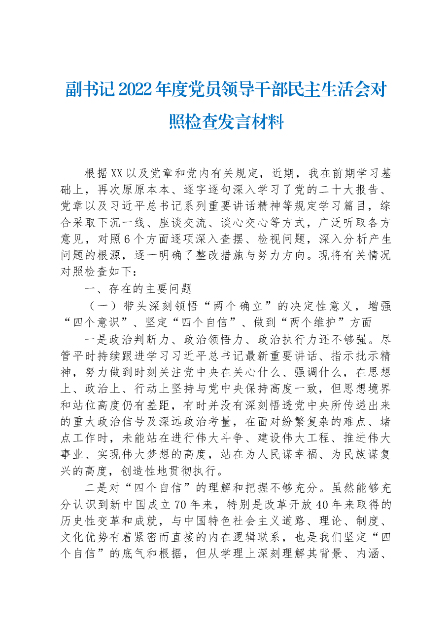 副书记2022年度党员领导干部民主生活会对照检查发言材料.docx,第1页预览
