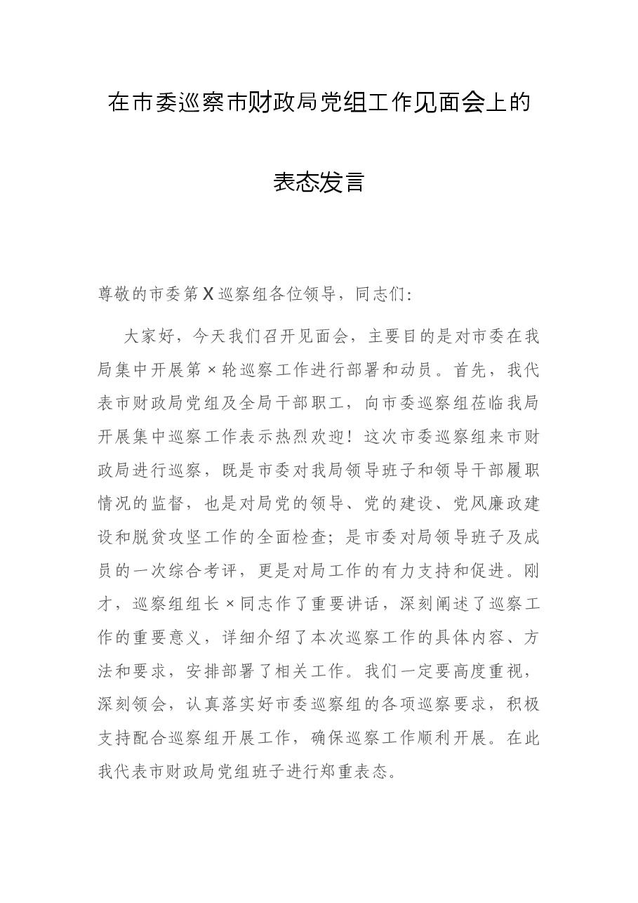 在市委巡察市财政局党组工作见面会上的表态发言.docx，第1页预览