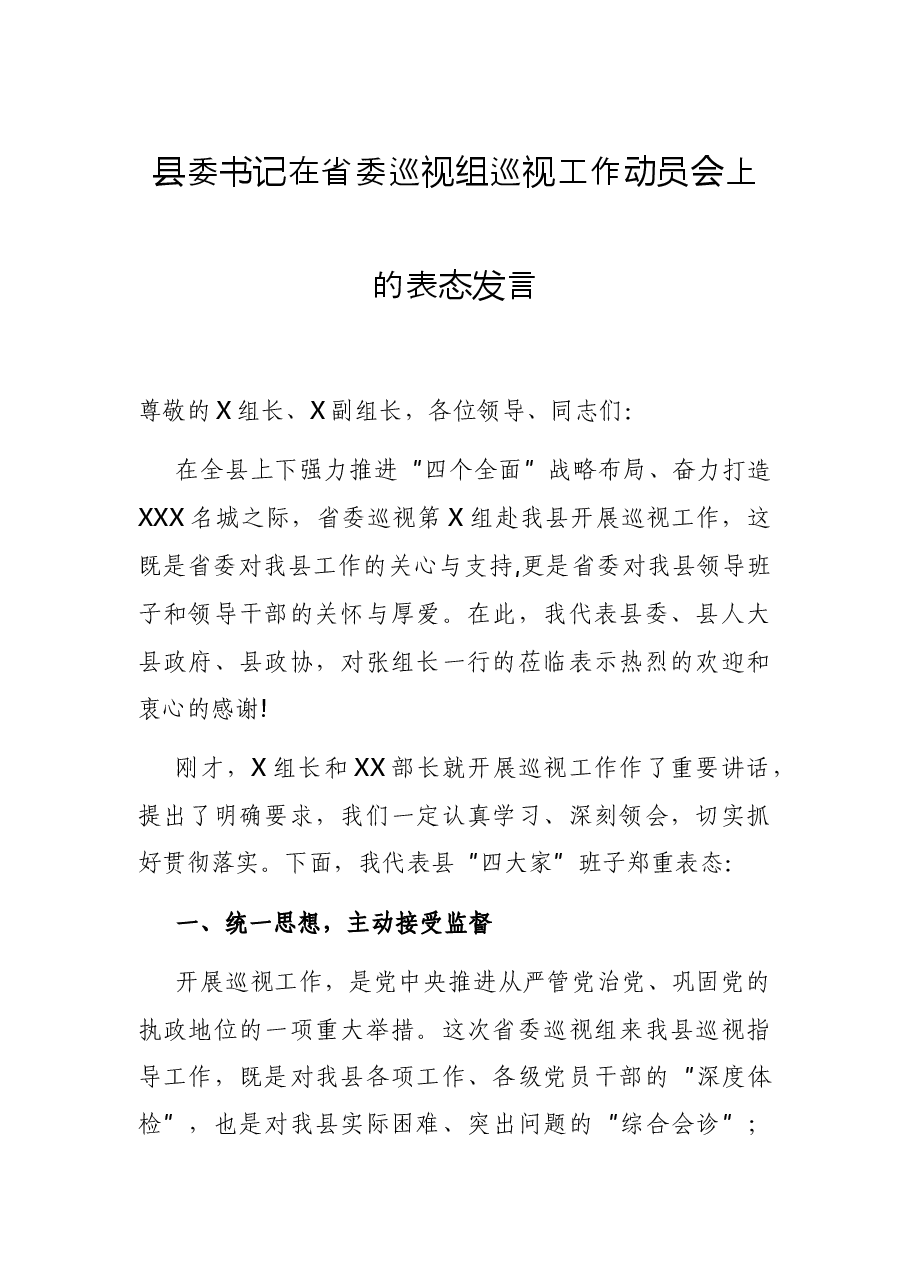 县委书记在省委巡视组巡视工作动员会上的表态发言.docx,第1页预览