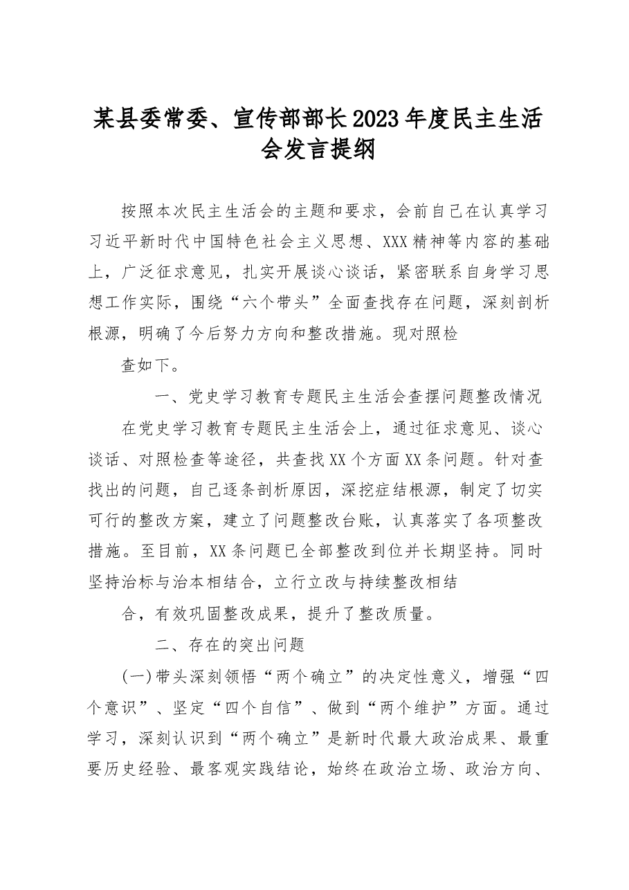 某县委常委、宣传部部长2023年度民主生活会发言提纲.docx，第1页预览