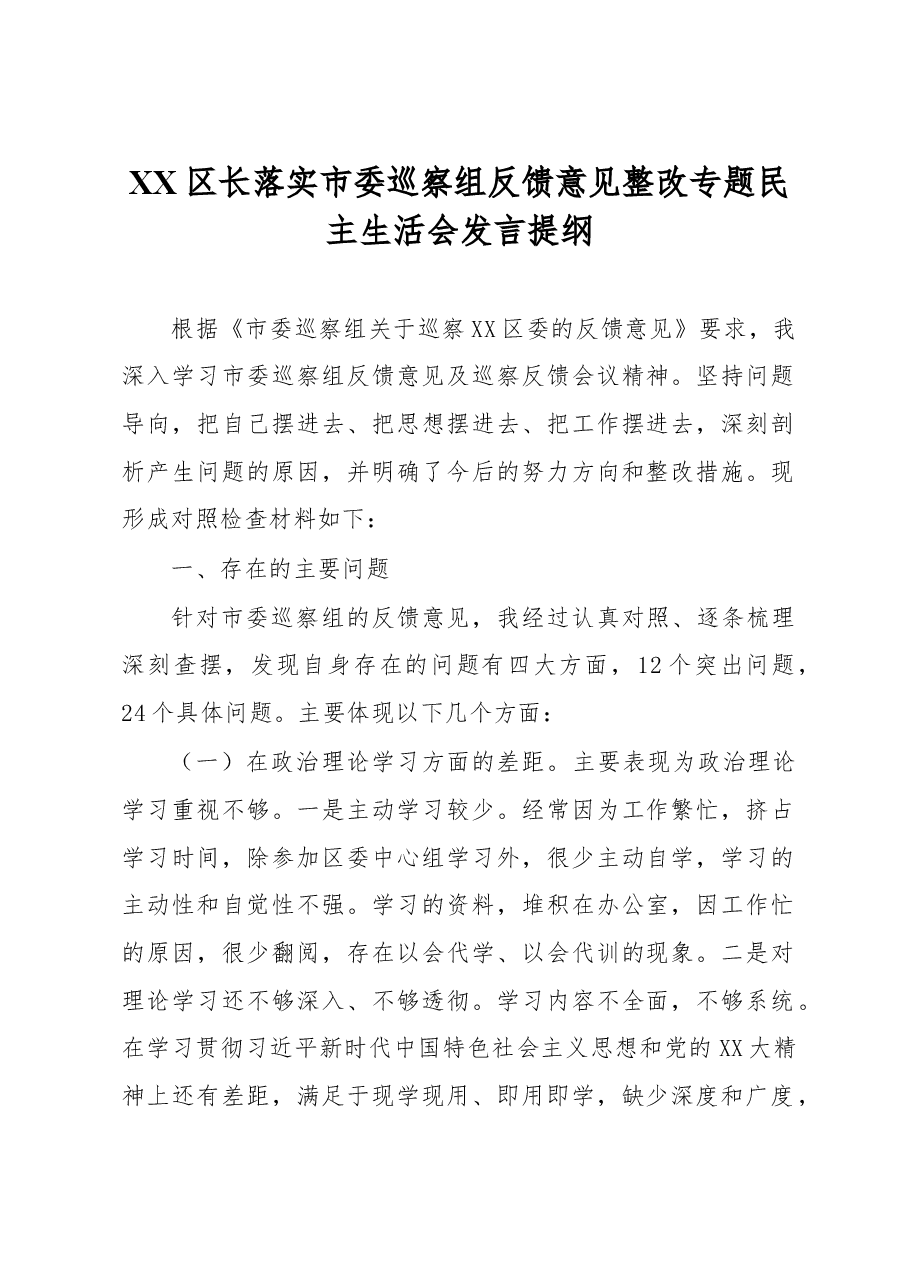 XX区长落实市委巡察组反馈意见整改专题民主生活会发言提纲.docx,第1页预览