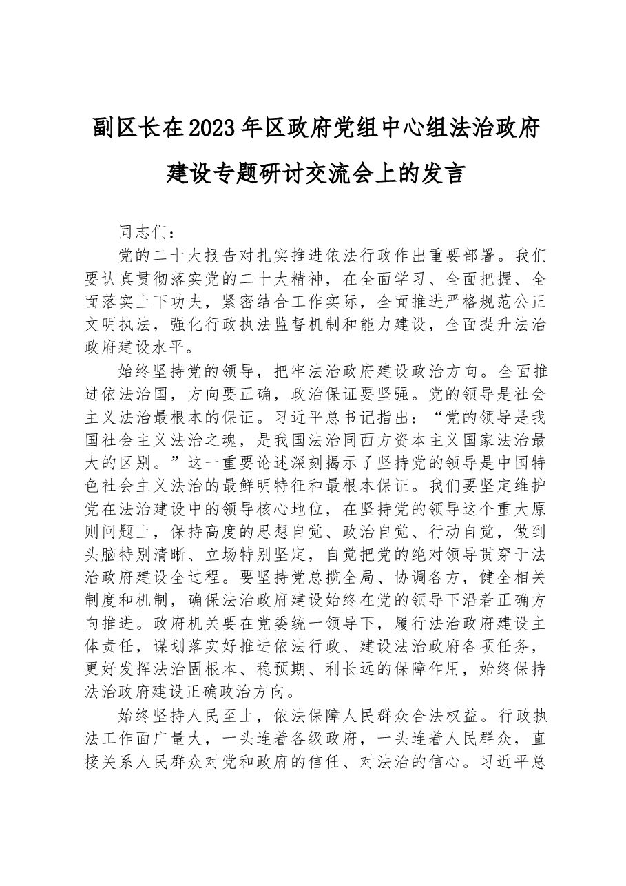 副区长在2023年区政府党组中心组法治政府建设专题研讨交流会上的发言.docx,第1页预览