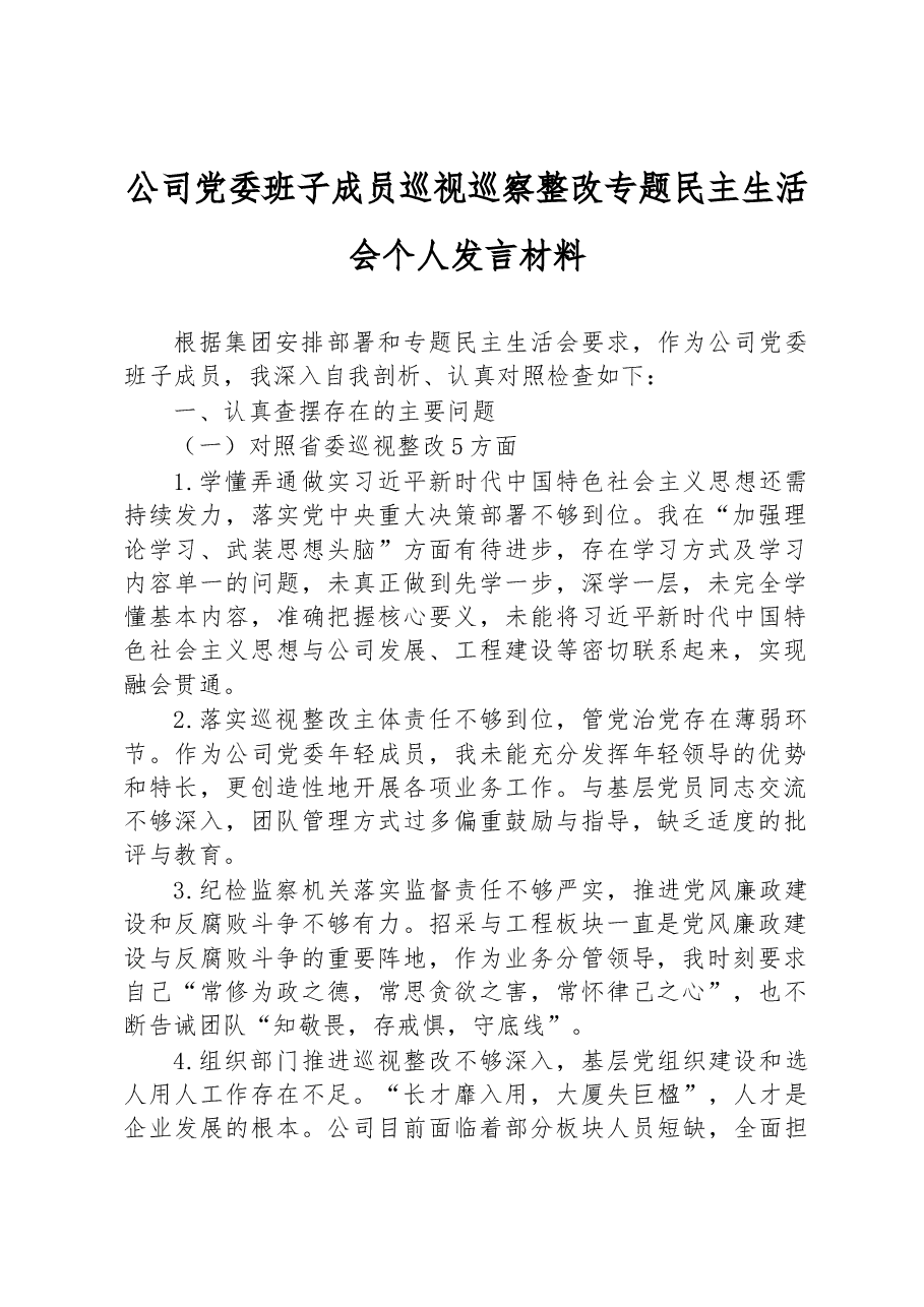 公司党委班子成员巡视巡察整改专题民主生活会个人发言材料.docx,第1页预览
