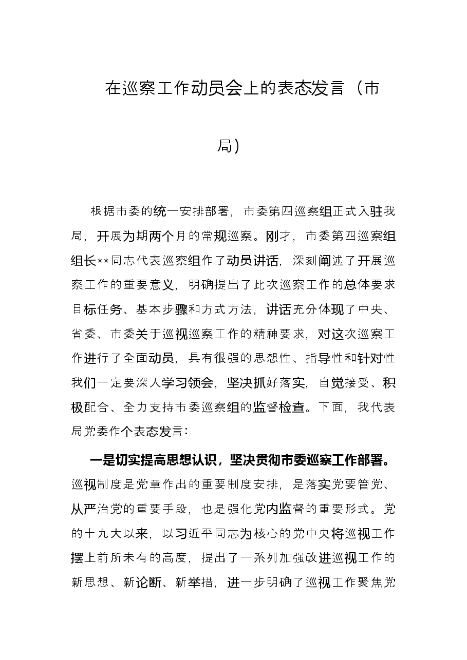 在巡察工作动员会上的表态发言(市局).docx,第1页预览
