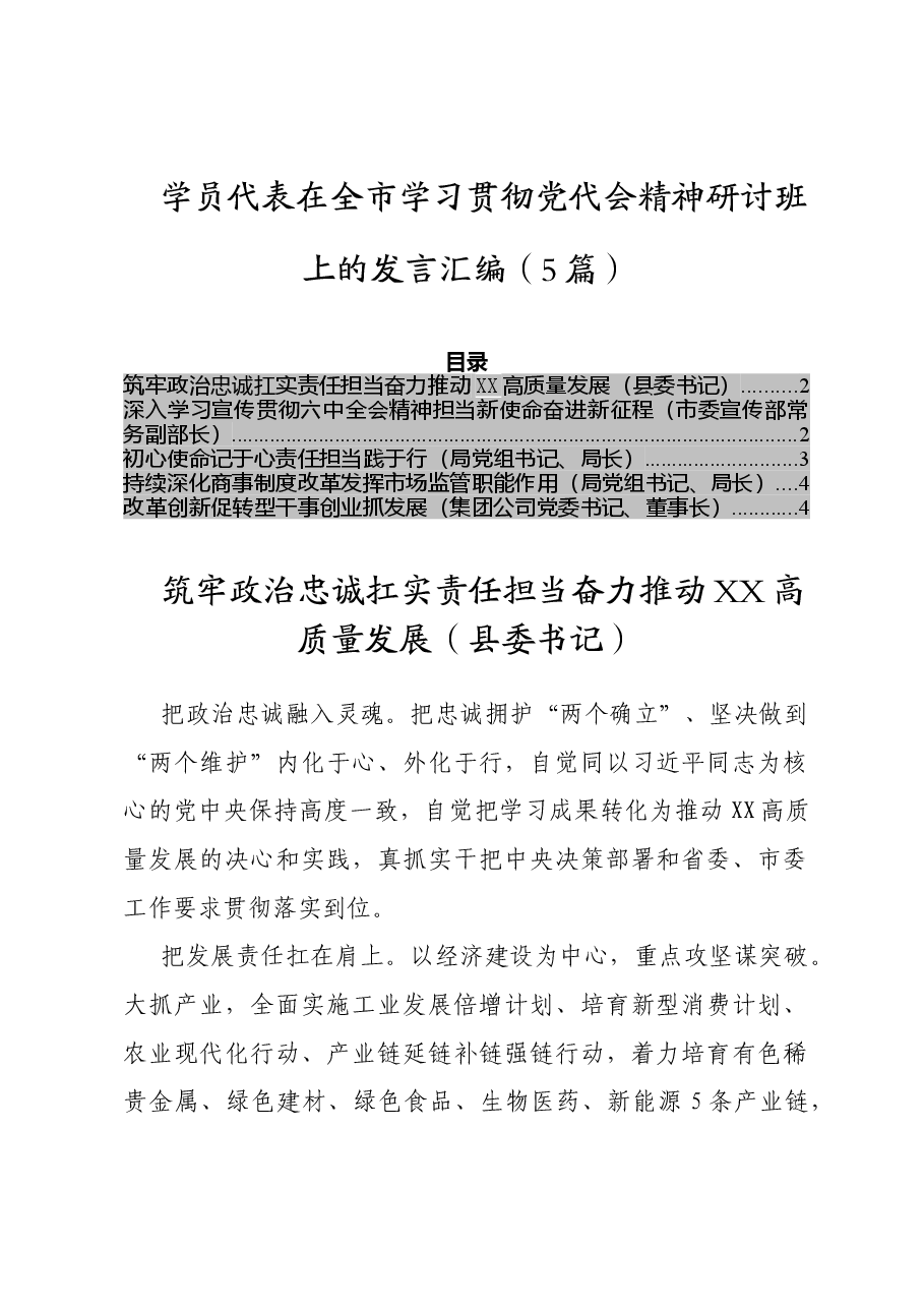 (5篇)学员代表在全市学习贯彻党代会精神研讨班上的发言汇编.doc,第1页预览