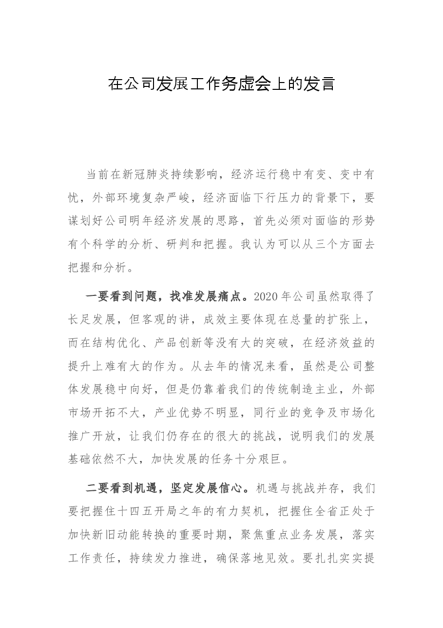 在公司发展工作务虚会上的发言.docx，第1页预览
