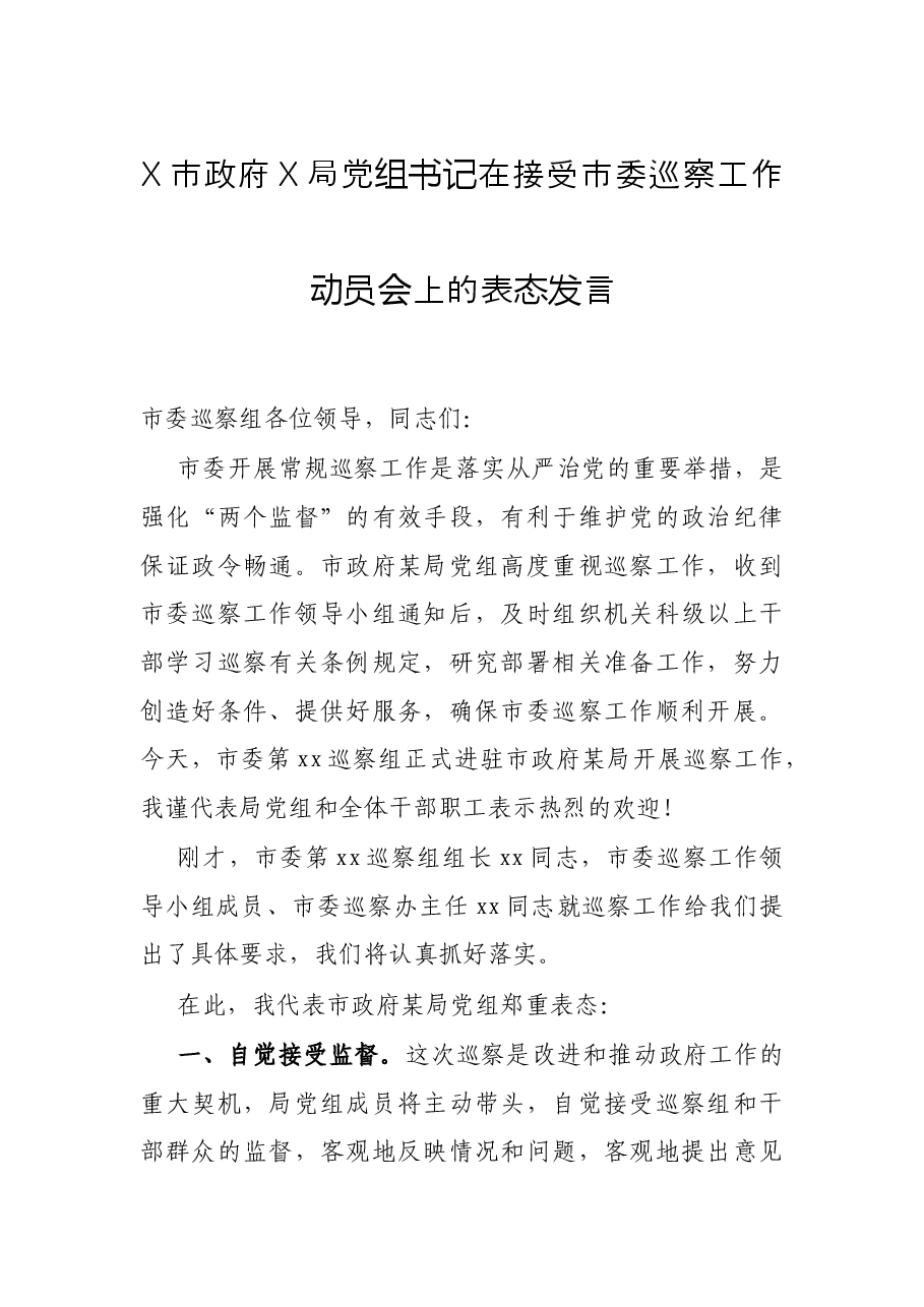 X市政府X局党组书记在接受市委巡察工作动员会上的表态发言.docx,第1页预览