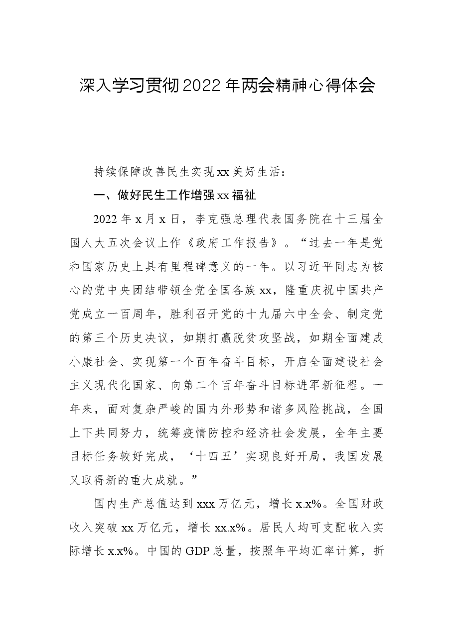 深入学习贯彻2022年两会精神心得体会.docx,第1页预览